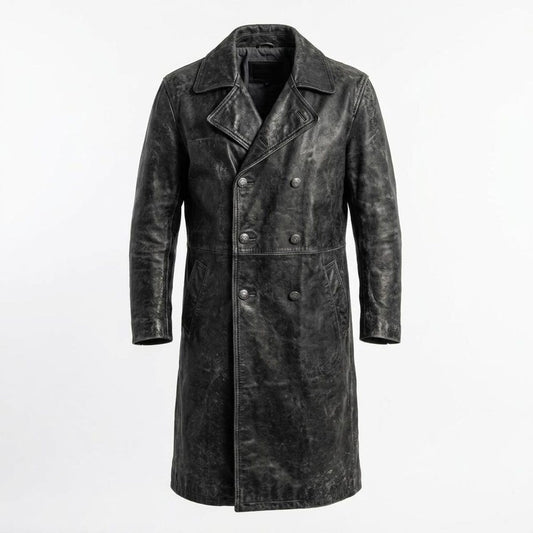 Men Vintage Distressed Black Leather Trench Coat Double Breasted Long Jacket