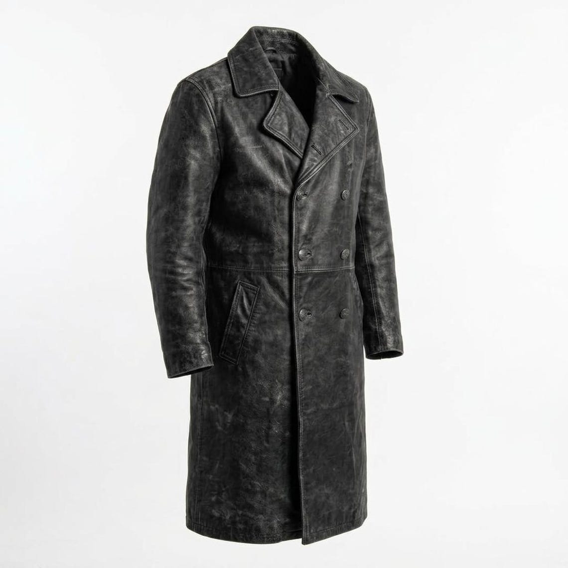 Men Vintage Distressed Black Leather Trench Coat Double Breasted Long Jacket
