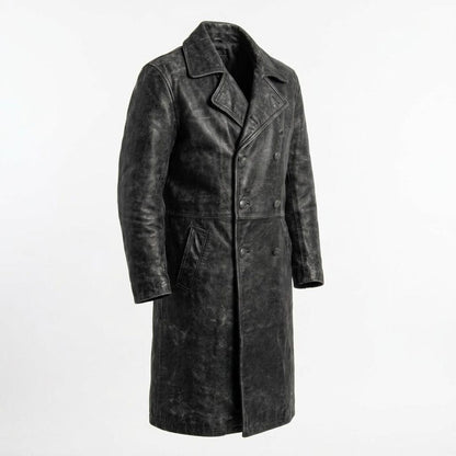 Men Vintage Distressed Black Leather Trench Coat Double Breasted Long Jacket