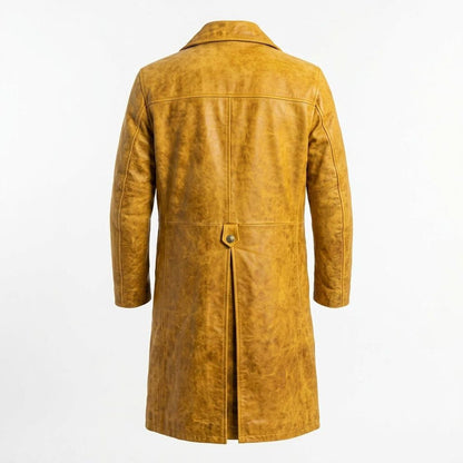 Back view of men black leather hooded biker trench coat