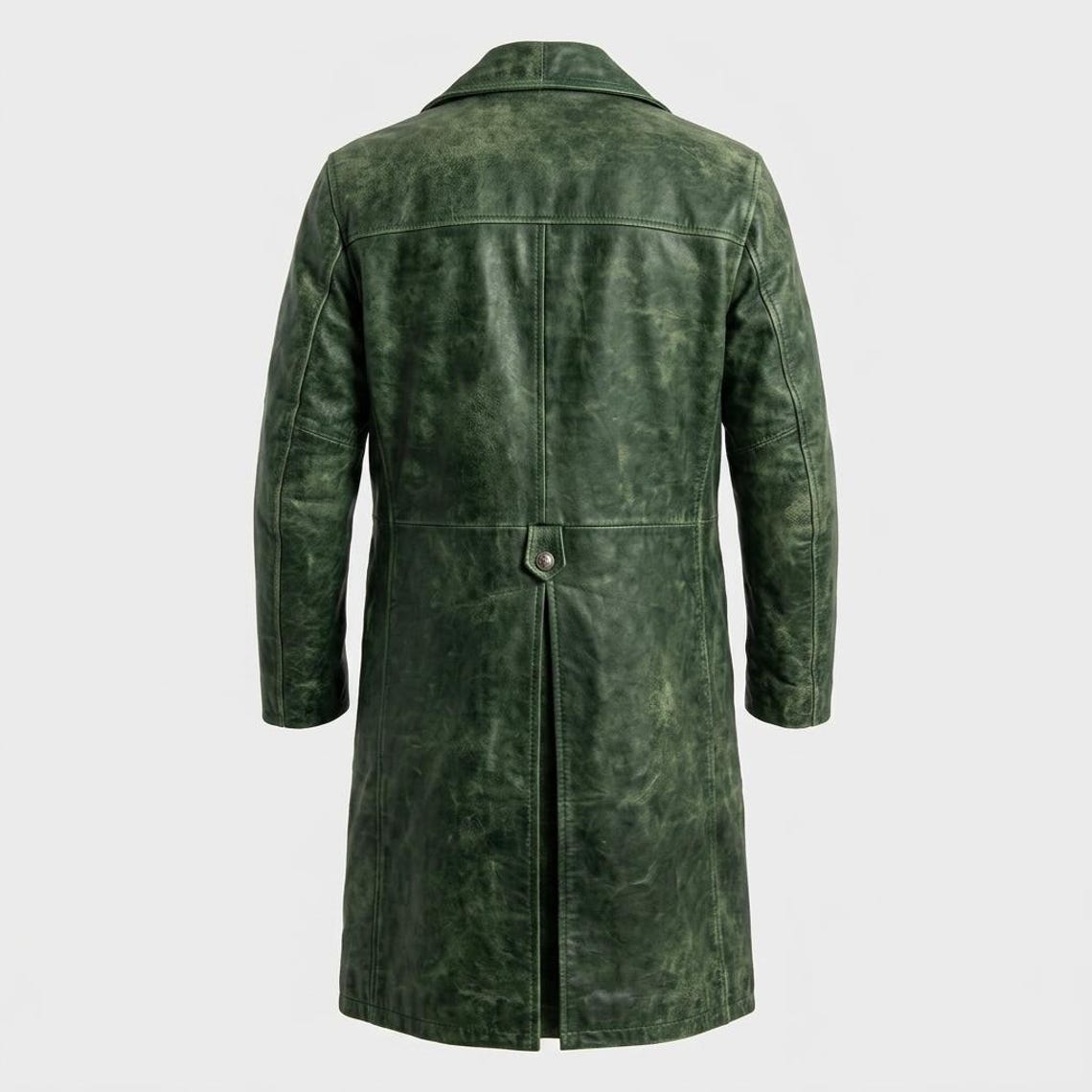 Back view of distressed green leather trench coat for men