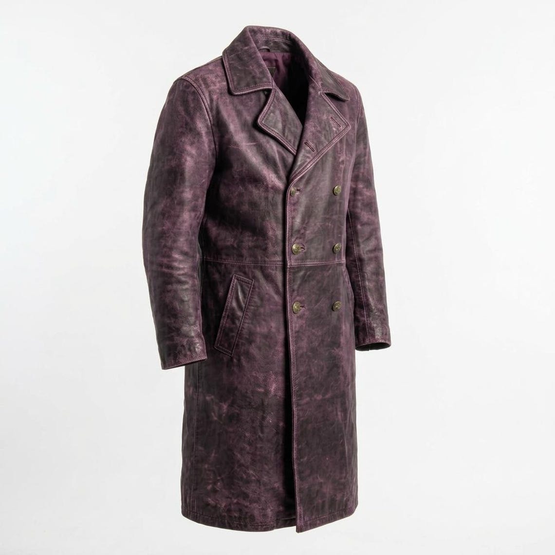  Side profile of men vintage purple leather trench coat long style