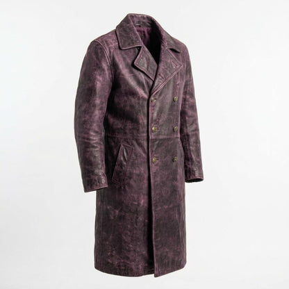  Side profile of men vintage purple leather trench coat long style