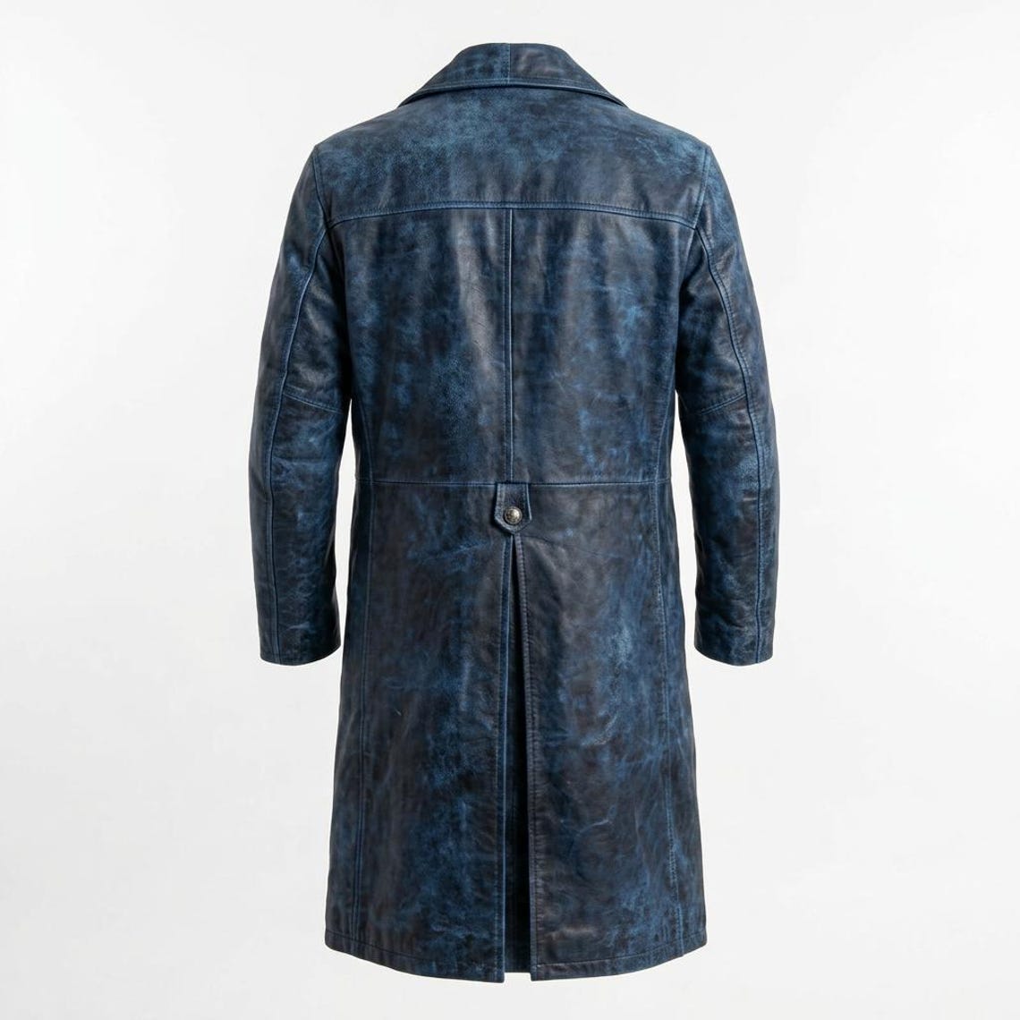  Back view of men vintage distressed blue leather trench coat
