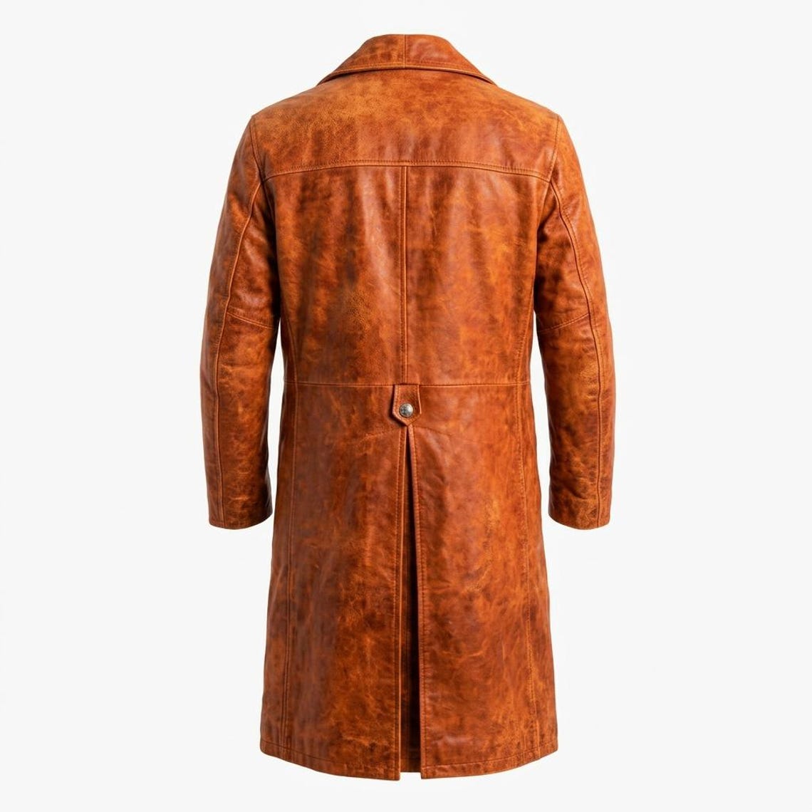 Back view of distressed orange leather trench coat for men
