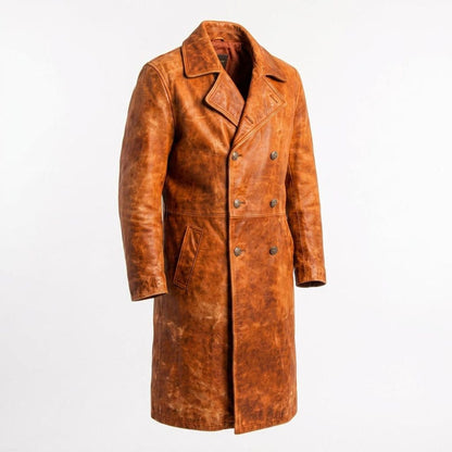  Side profile of men vintage leather trench coat in distressed orange finish