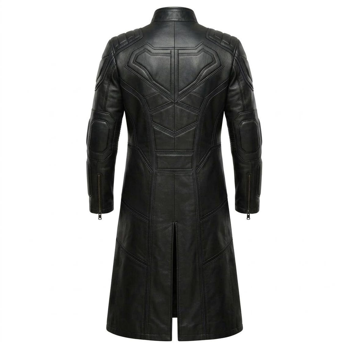 Back view of mens black leather trench coat slim fit design