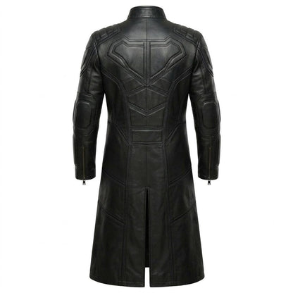 Back view of mens black leather trench coat slim fit design
