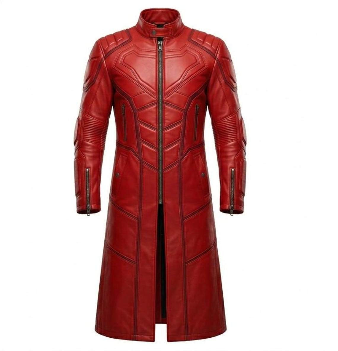 Front view of mens red leather superhero trench coat slim fit