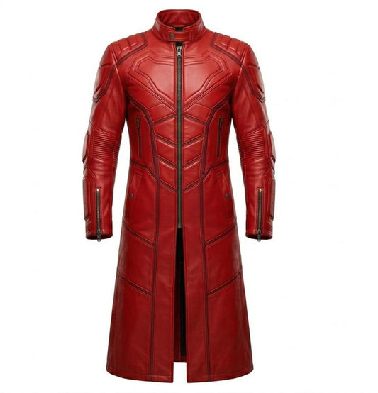Front view of mens red leather superhero trench coat slim fit