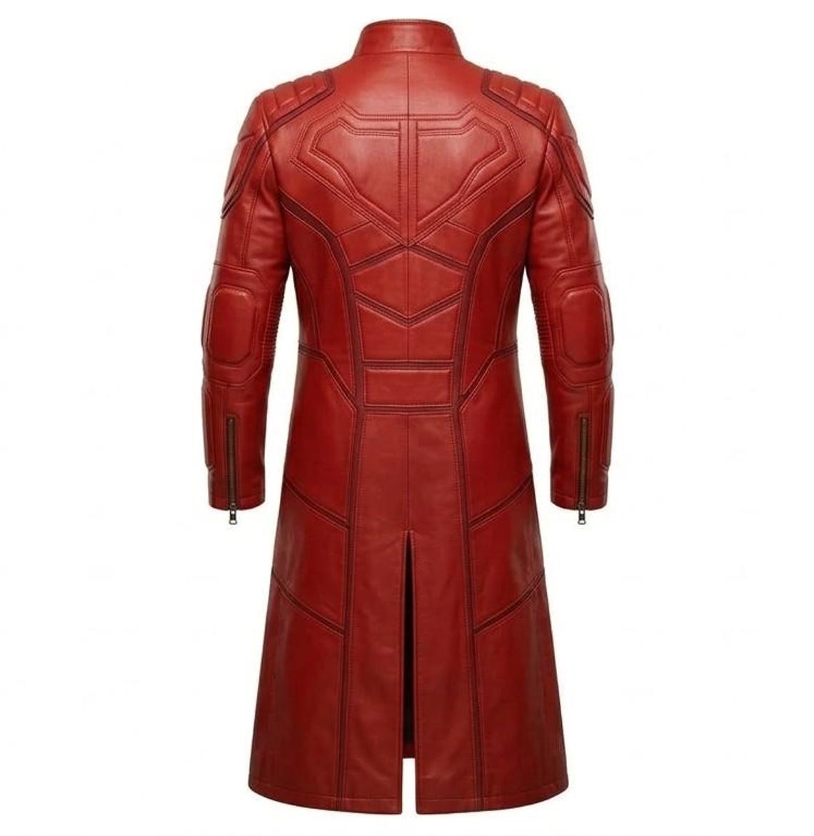  Back view of mens long red leather biker trench coat