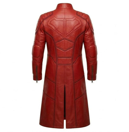  Back view of mens long red leather biker trench coat