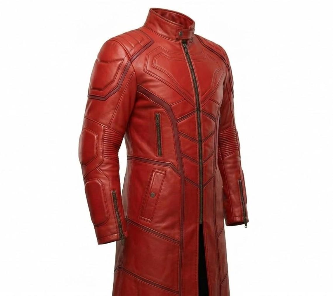 Side profile of red leather trench coat for men long biker style