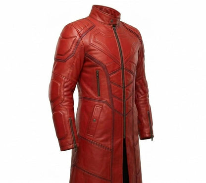 Side profile of red leather trench coat for men long biker style