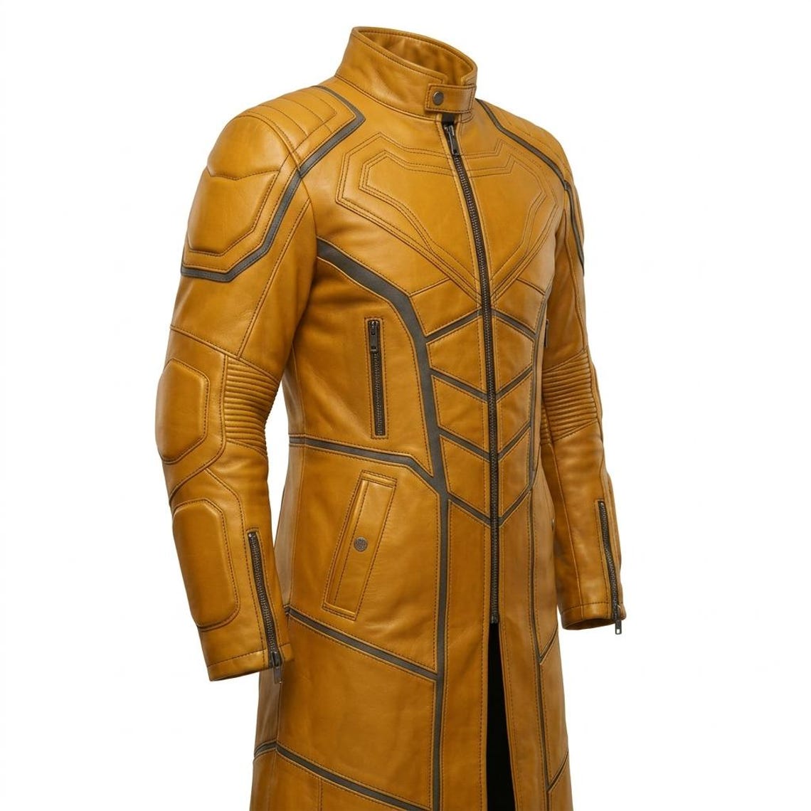 Side profile of yellow leather trench coat for men long biker style