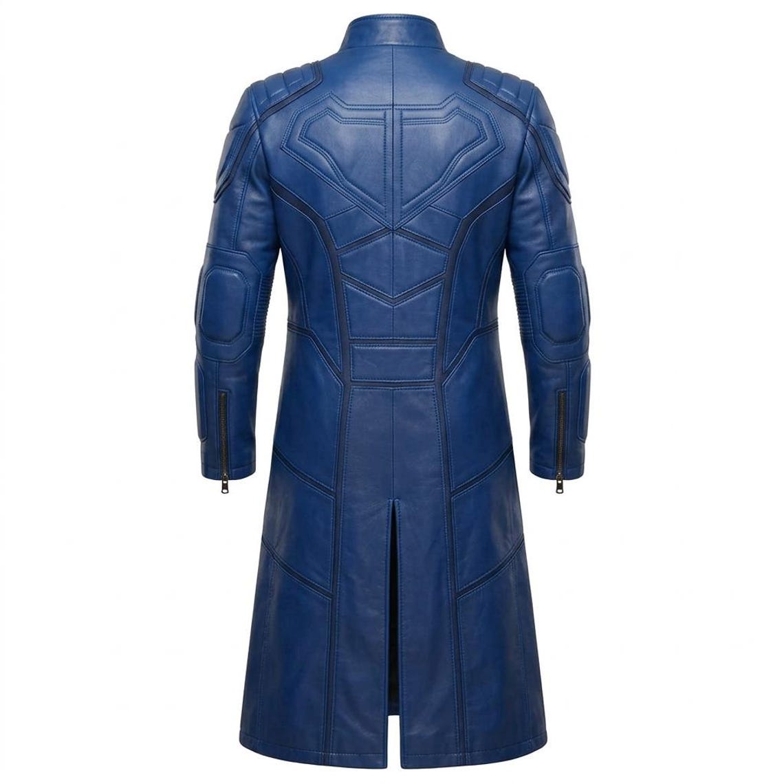  Back view of mens long blue leather biker trench coat