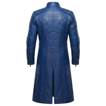  Back view of mens long blue leather biker trench coat