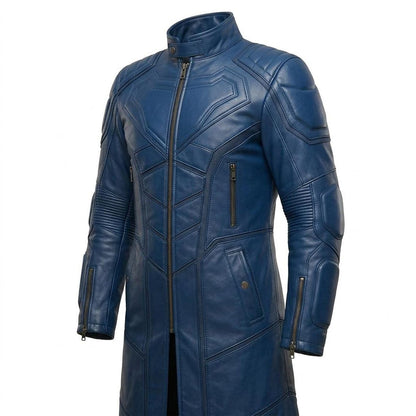 Front button and zipper closure on blue leather trench coat for men