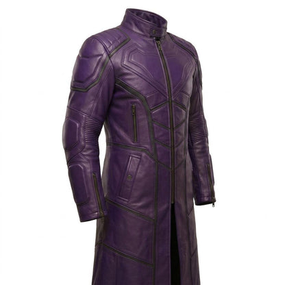 Side angle of mens purple leather biker style long trench coat