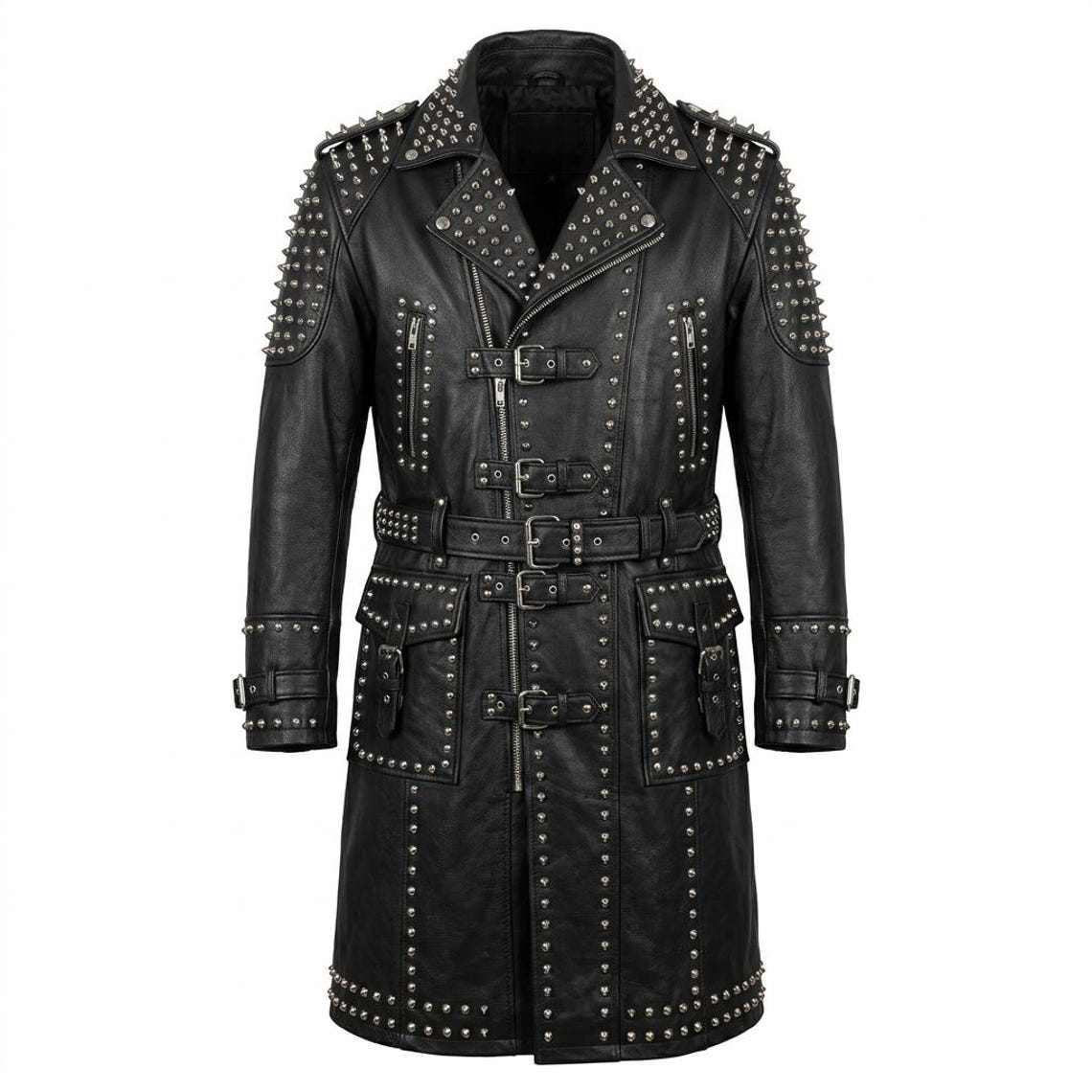 Front view of men black leather studded gothic trench coat