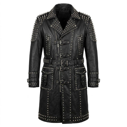 Front view of men black leather studded gothic trench coat