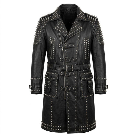Front view of men black leather studded gothic trench coat