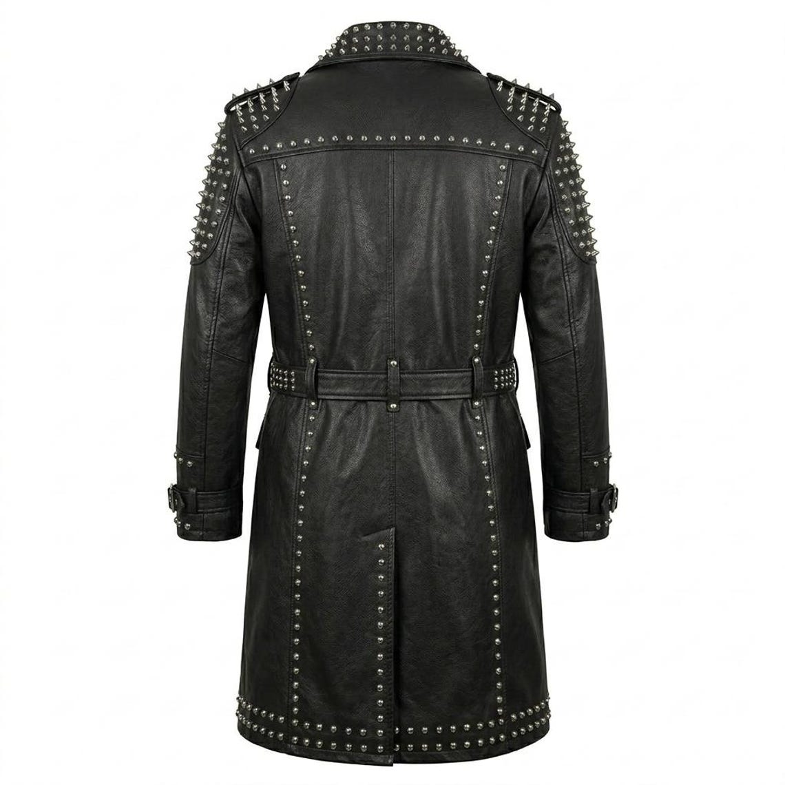 Back design of black leather trench coat for men with belt