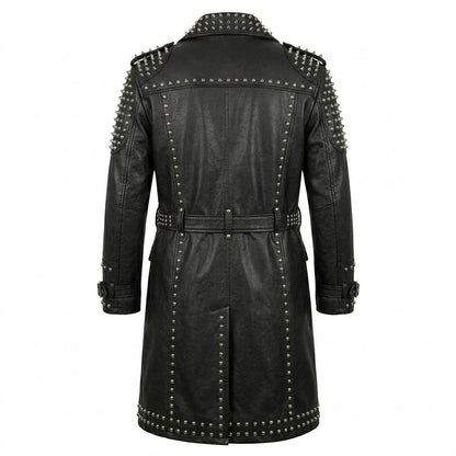 Back design of black leather trench coat for men with belt