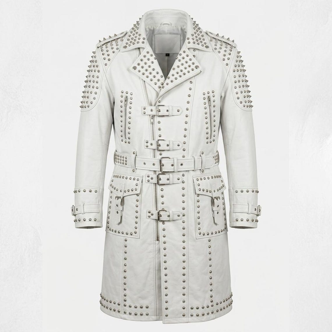 Front view of men white leather studded long coat gothic biker trench