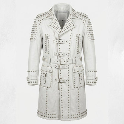Front view of men white leather studded long coat gothic biker trench