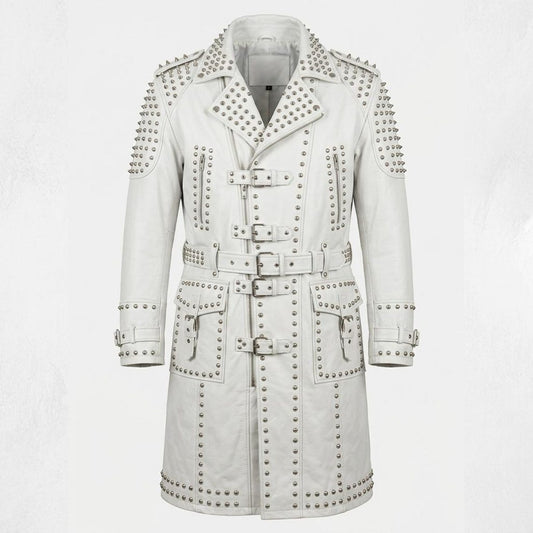 Front view of men white leather studded long coat gothic biker trench