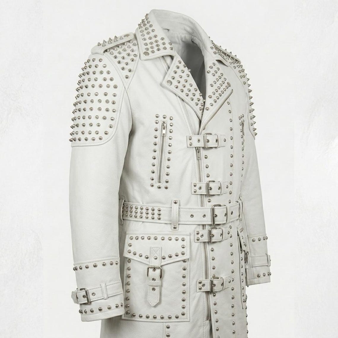 Side view of gothic biker white leather trench coat for men
