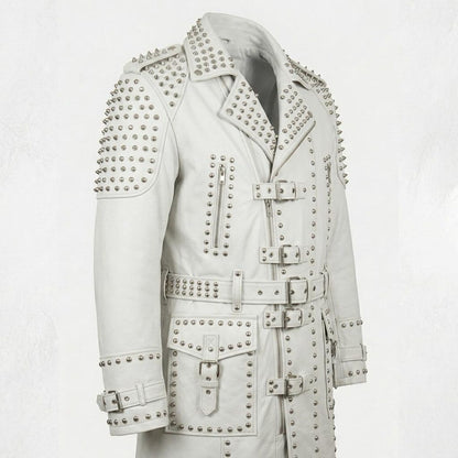 Side view of gothic biker white leather trench coat for men