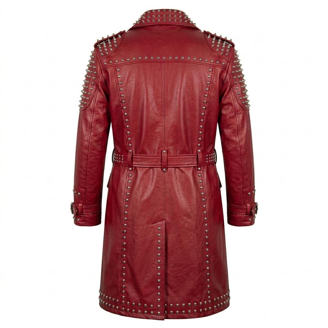 Back design of red leather studded gothic trench coat