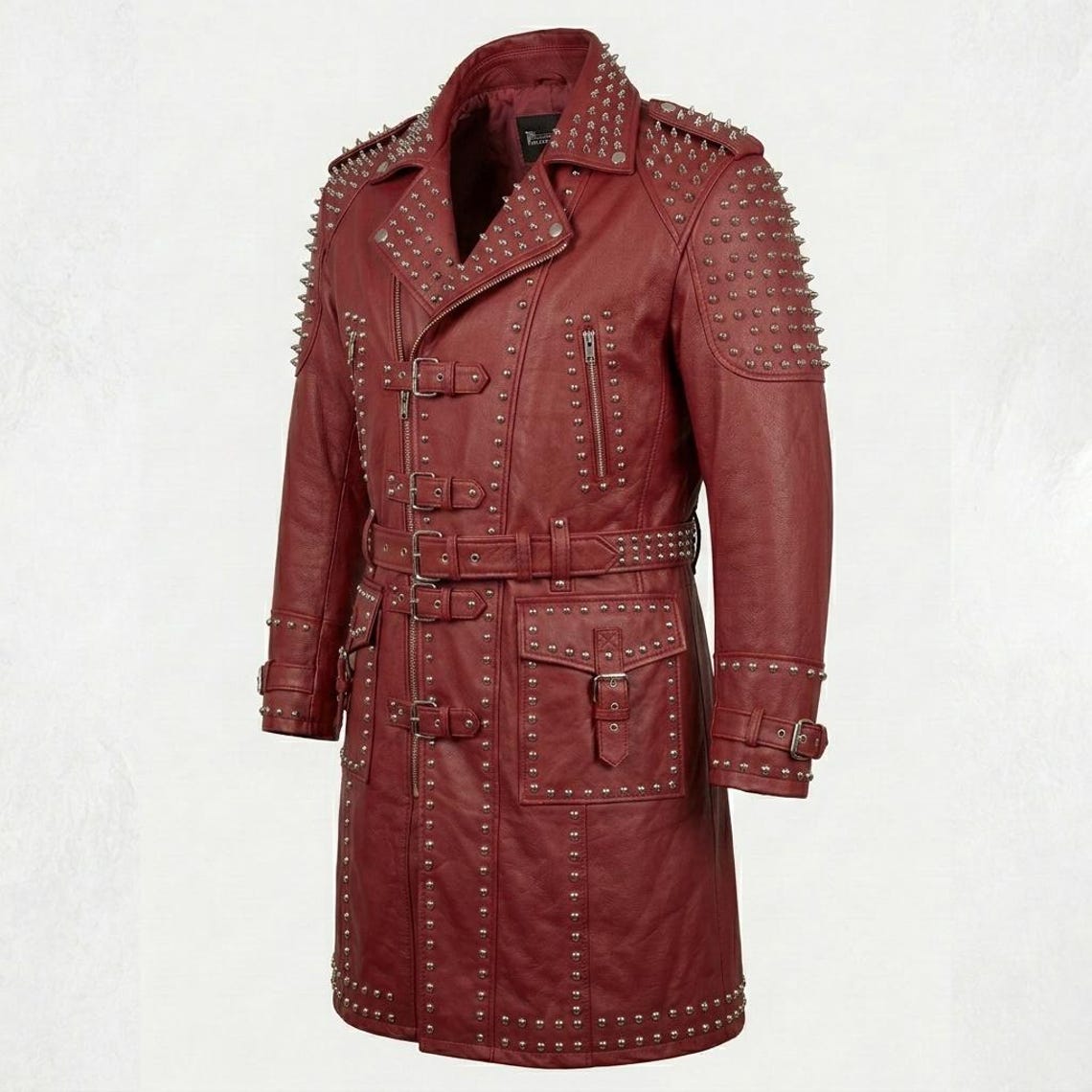 Side view of men red leather long trench coat
