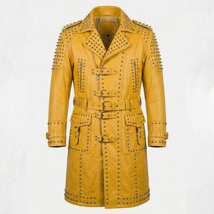 Front view of yellow leather studded trench coat for men in gothic biker style