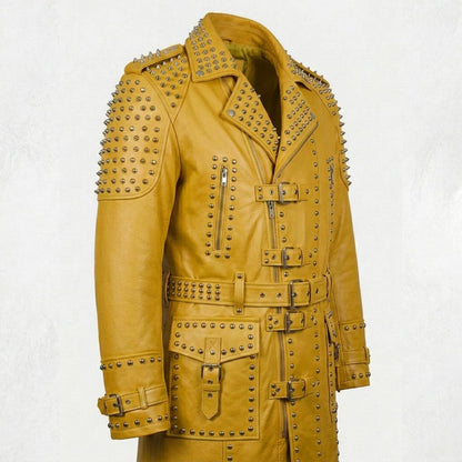 Side view of men yellow leather long trench coat