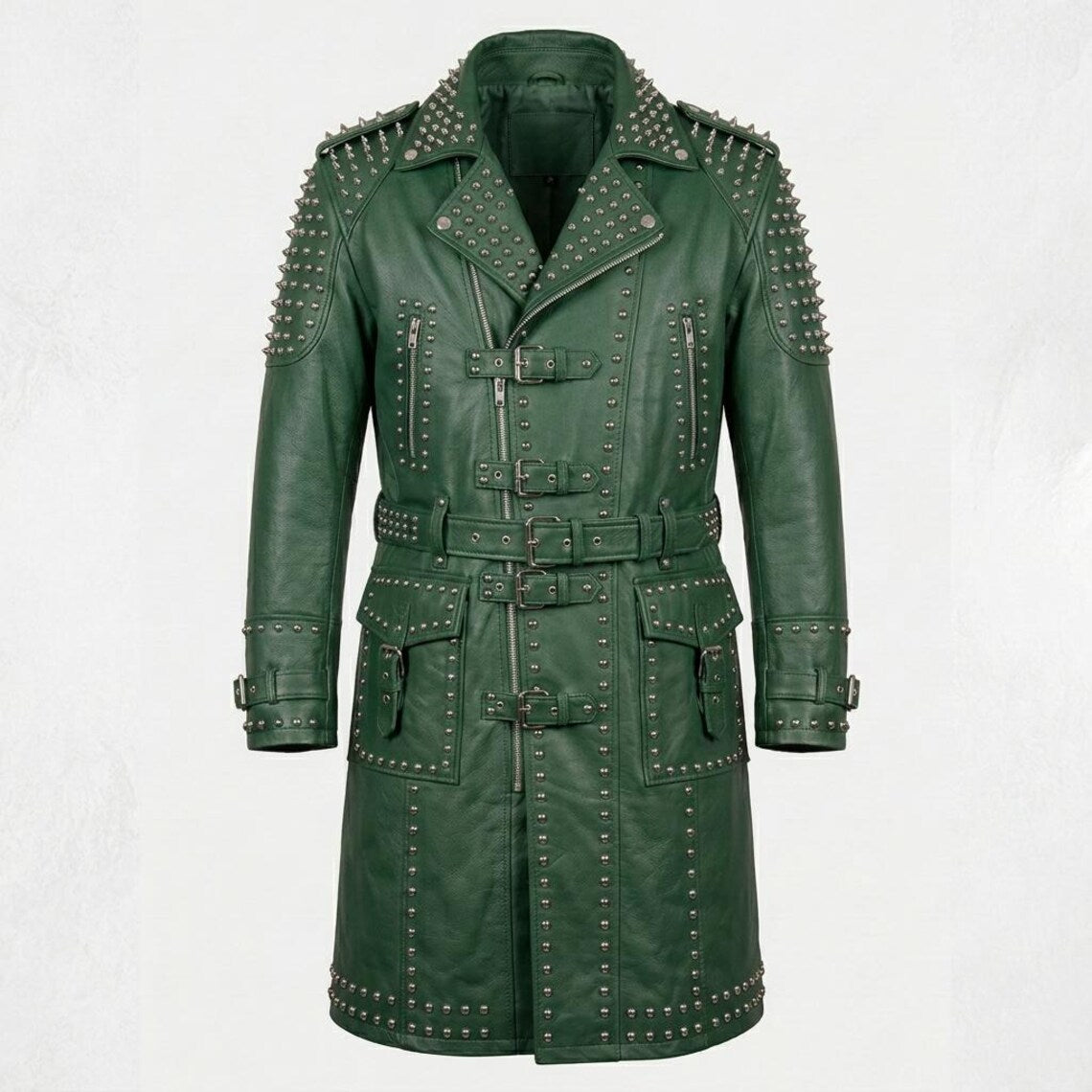 Front view of green leather studded trench coat for men in gothic biker style