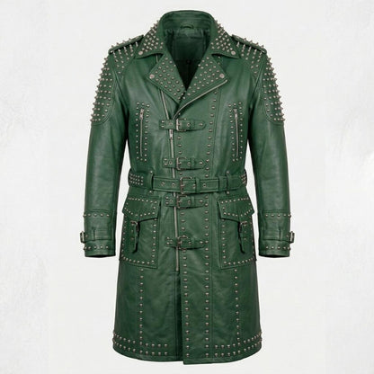 Front view of green leather studded trench coat for men in gothic biker style
