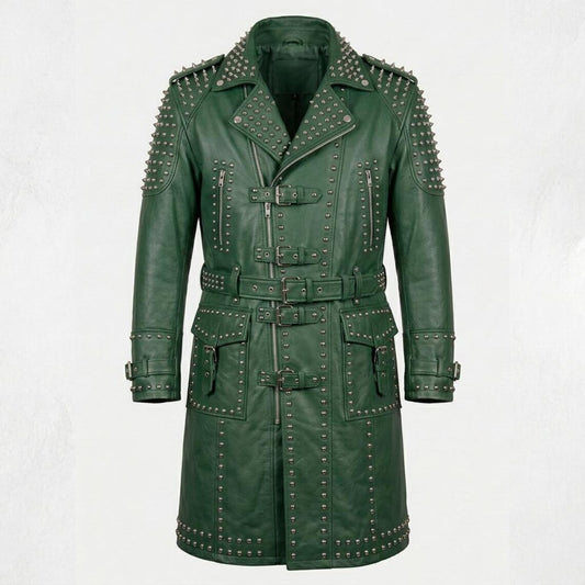 Front view of green leather studded trench coat for men in gothic biker style