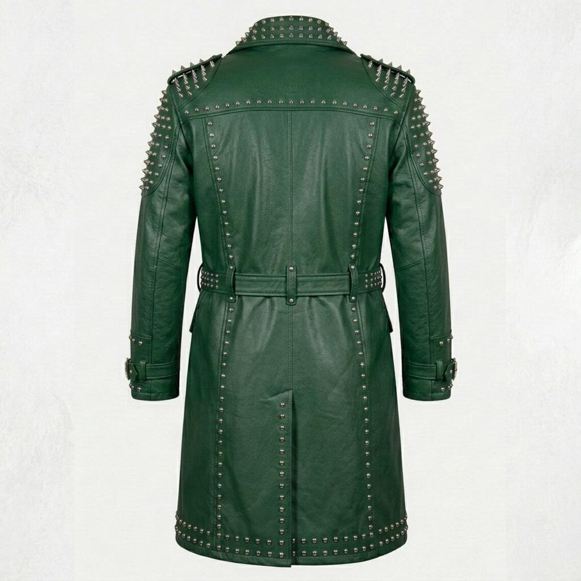 Back design of green leather studded long coat