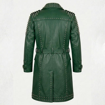 Back design of green leather studded long coat