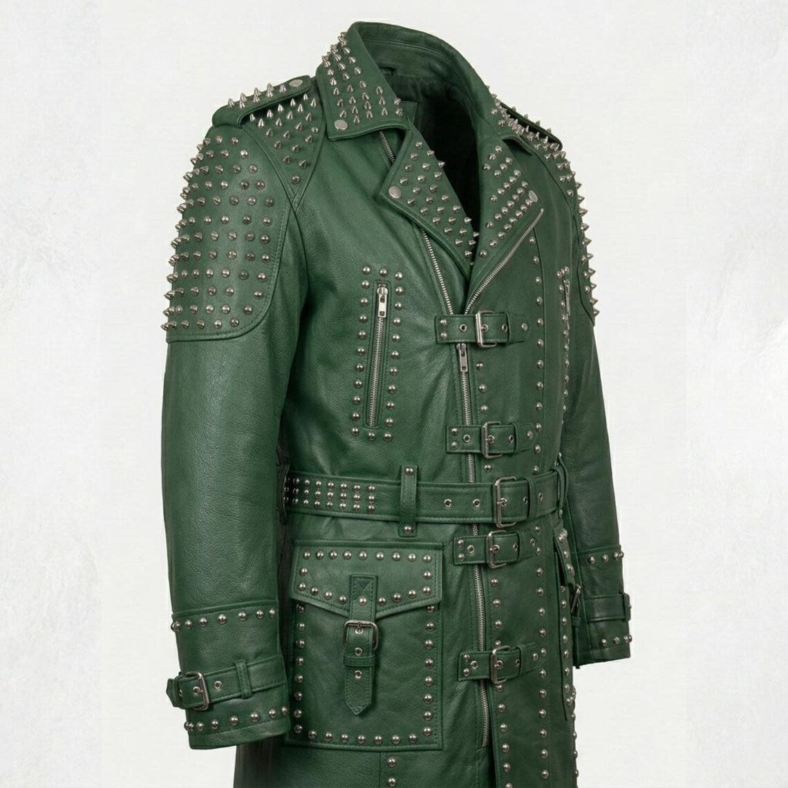  Side view of men green leather biker trench coat