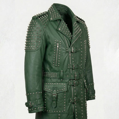  Side view of men green leather biker trench coat