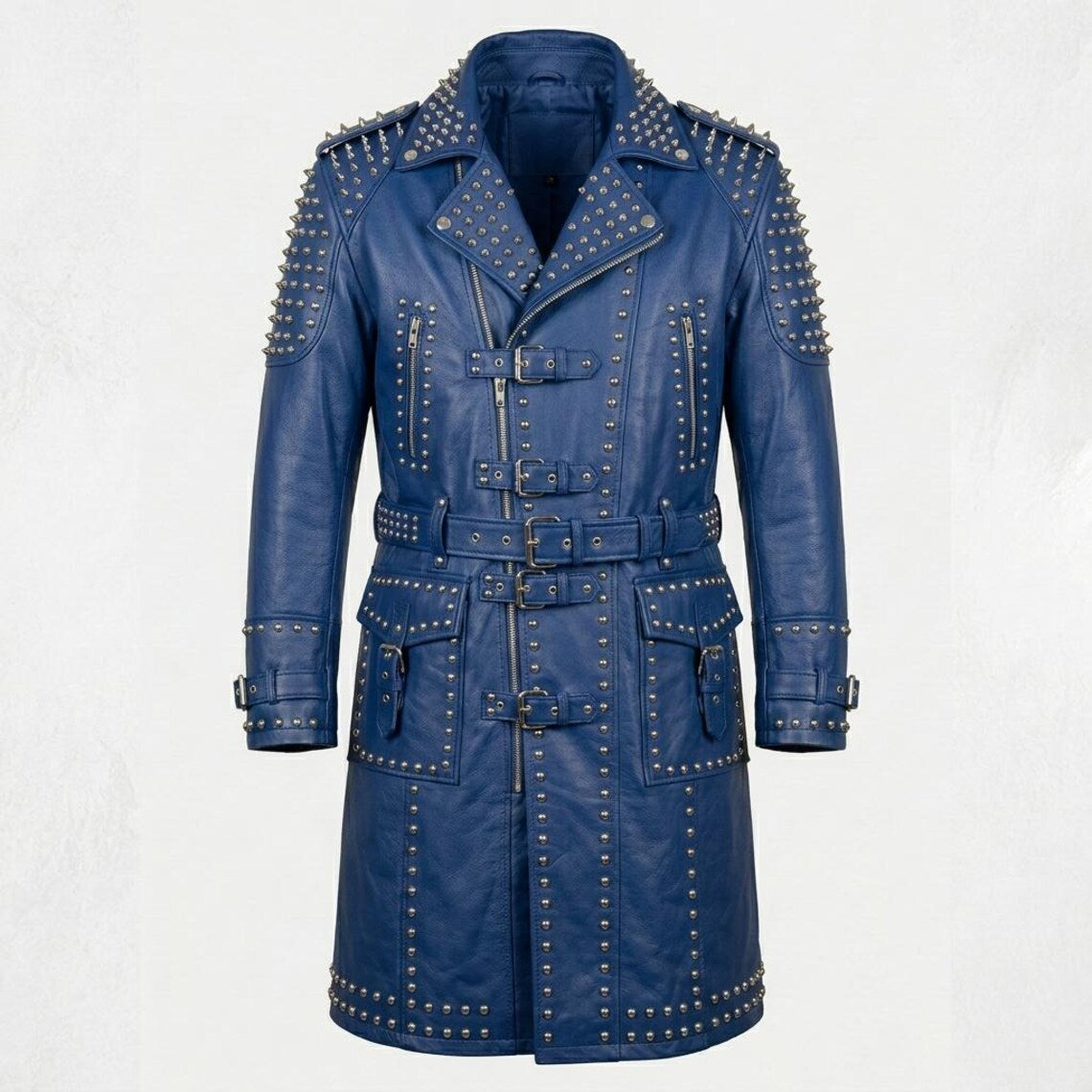 Front view of blue leather studded trench coat for women in gothic biker style