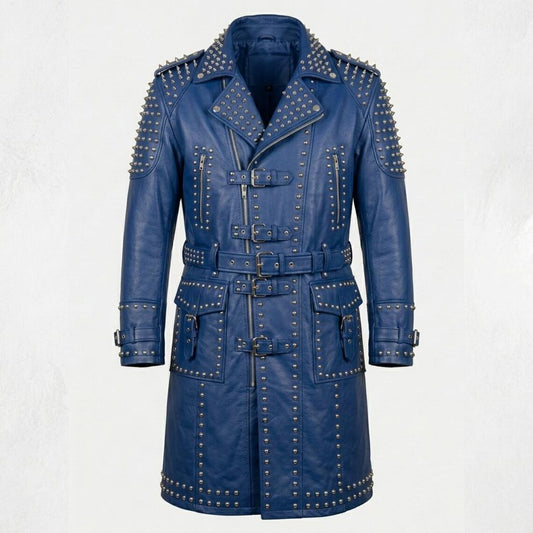 Front view of blue leather studded trench coat for women in gothic biker style