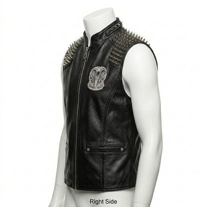 Men Black Leather Biker Vest with Spike Embroidery Gothic Punk Style