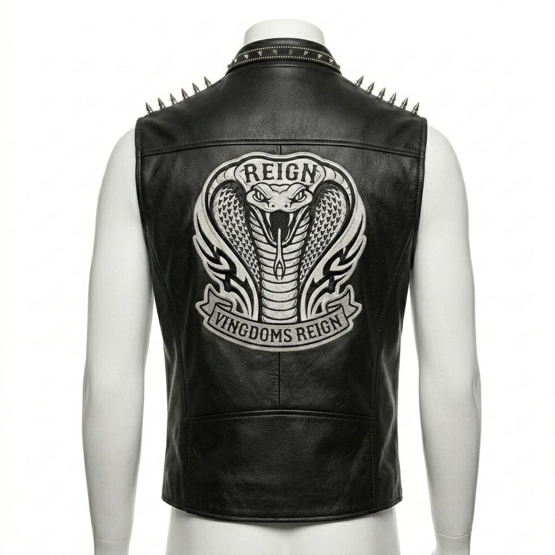 Men Black Leather Biker Vest with Spike Embroidery Gothic Punk Style
