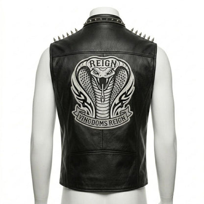 Men Black Leather Biker Vest with Spike Embroidery Gothic Punk Style