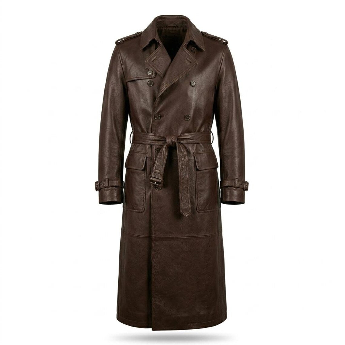  Front view of brown leather trench coat for men with double breasted design